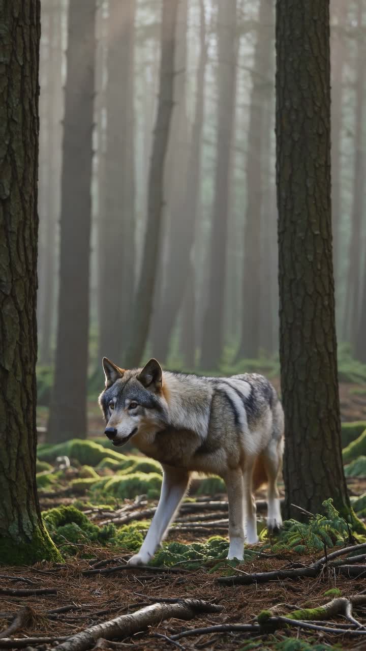 Gray Wolf Walking Through a Misty Forest with Sunlight