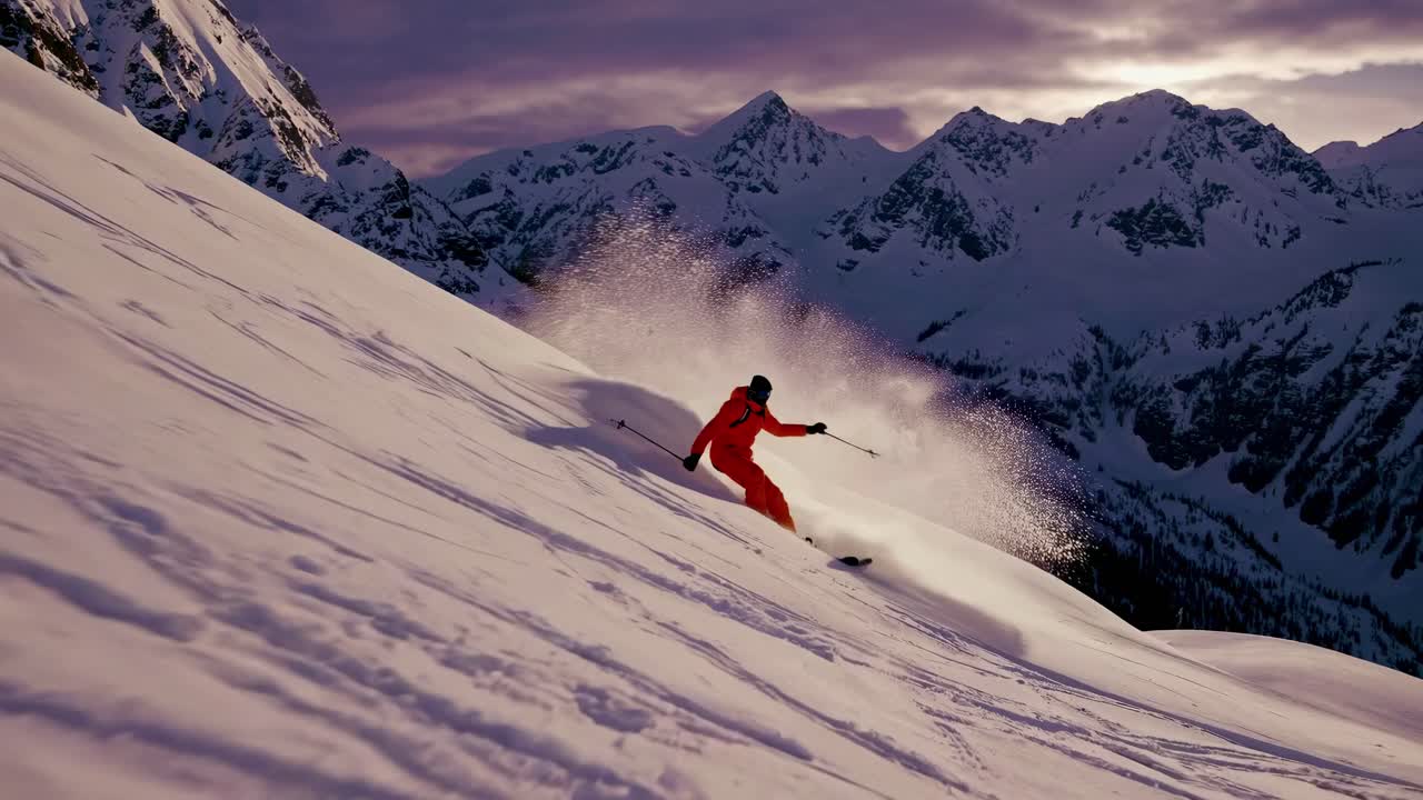 Dynamic video shot of a skier in a bright jacket carving through fresh powder on a steep slope