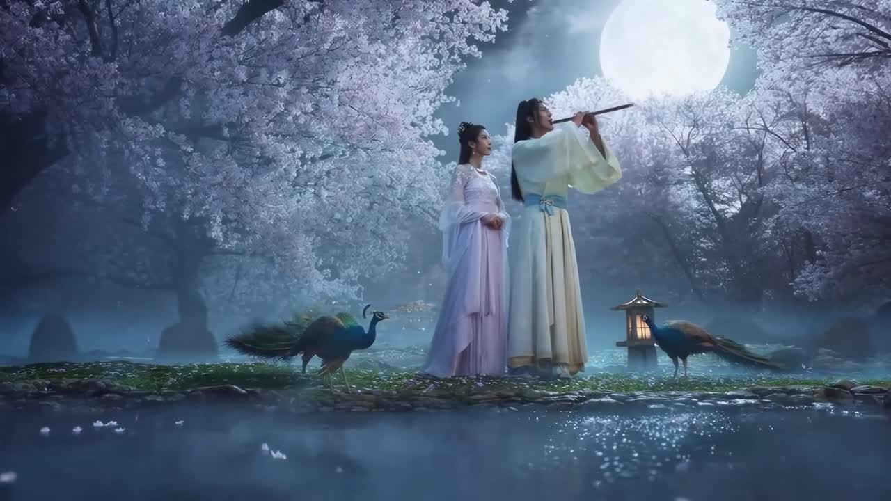 Una scena serena illuminata dalla luna con una vista dal basso di due figure in abiti tradizionali.