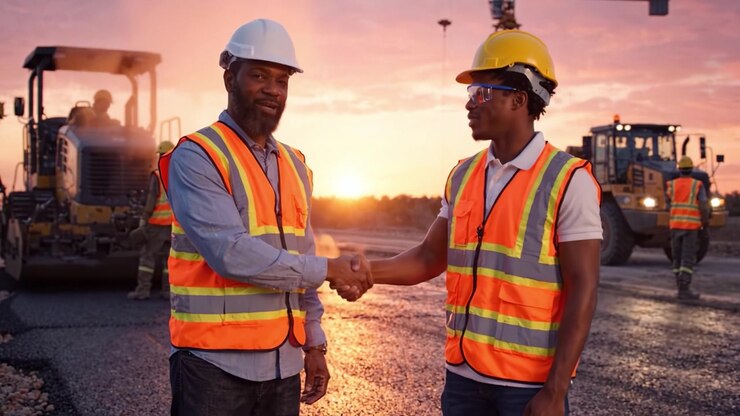 Two Construction Workers Celebrating a Successful Project at Sunset, Wearing Safety Gear, Shaking Hands Under a Beautiful Horizon with Heavy Machinery in the Background