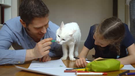 family with cat drawing on the floor.