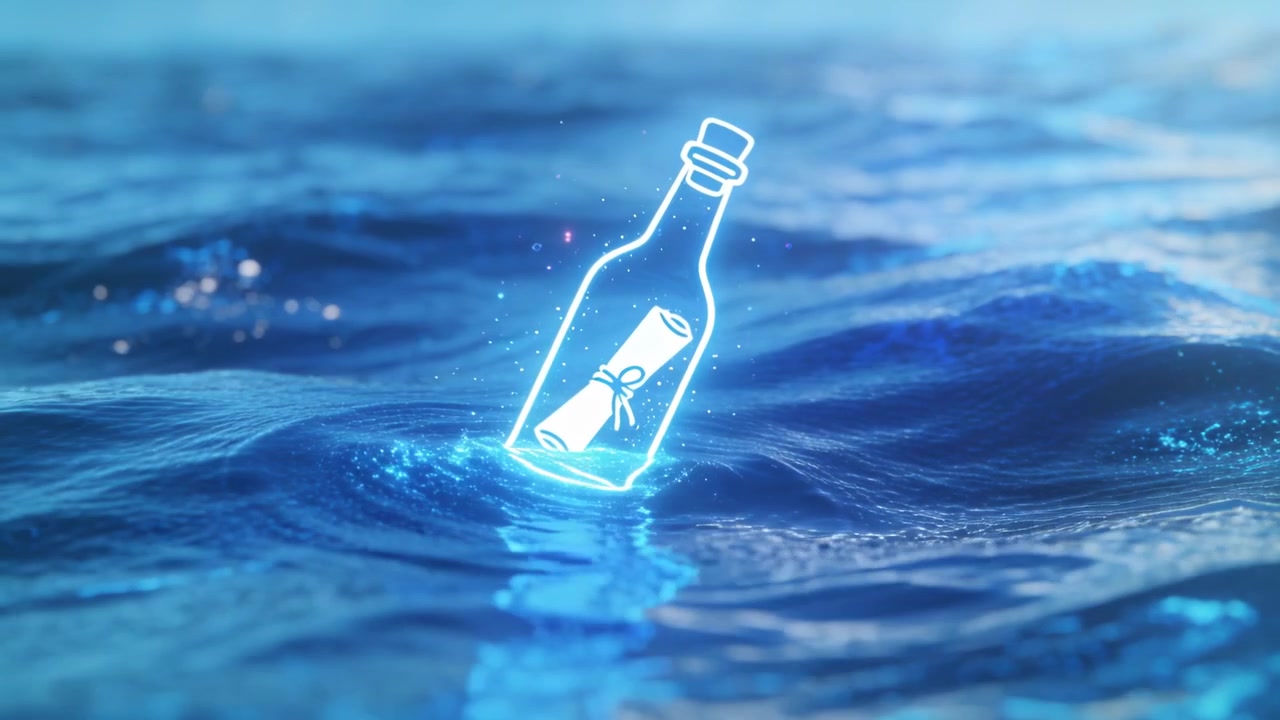 Riding glowing glass bottle bobbing on sea by swell, showing ribboned scroll and sparkles
