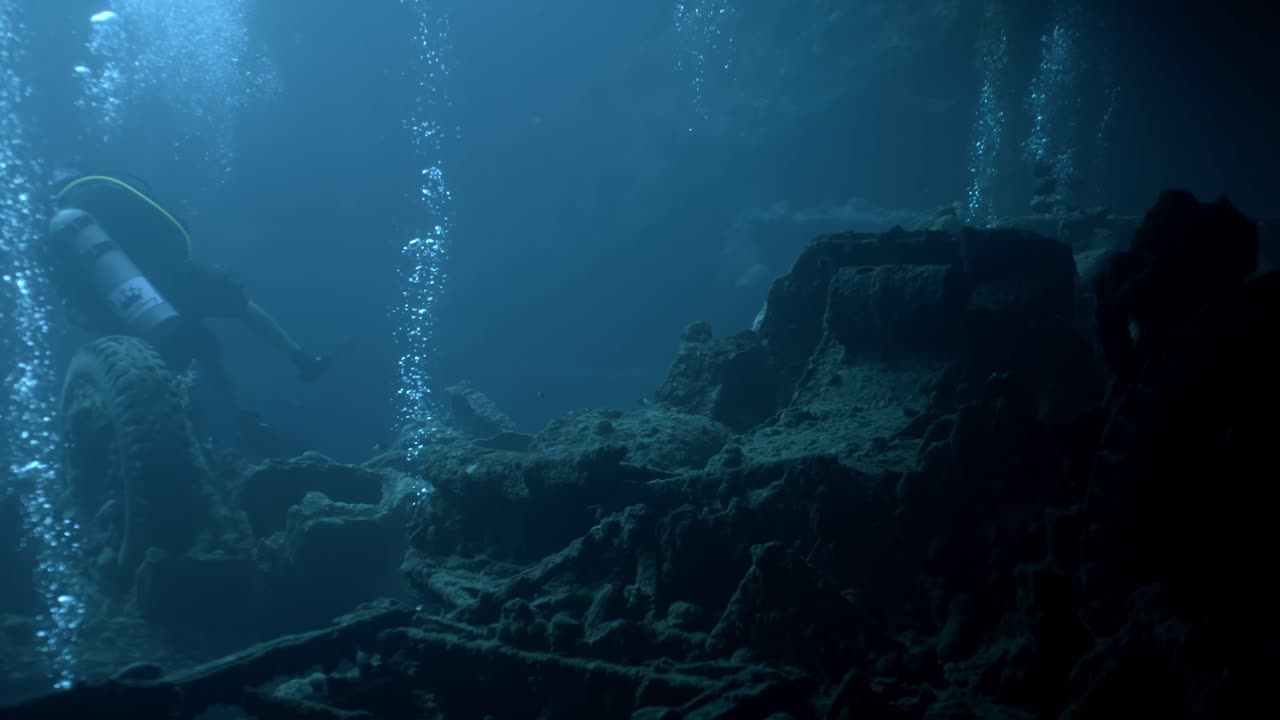 Ein Taucher nutzt eine Tauchlampe, um die Schatten von Hold No. 2 in der SS Thistlegorm zu durchdringen und die BSA M20 Motorräder im Heck eines Bedford-Trucks sichtbar zu machen