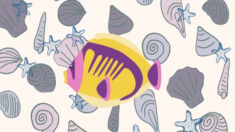 animation of yellow fish over starfish falling over seashell background, on cream