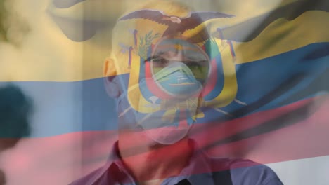 animation of flag of equador waving over caucasian man wearing face mask in city street