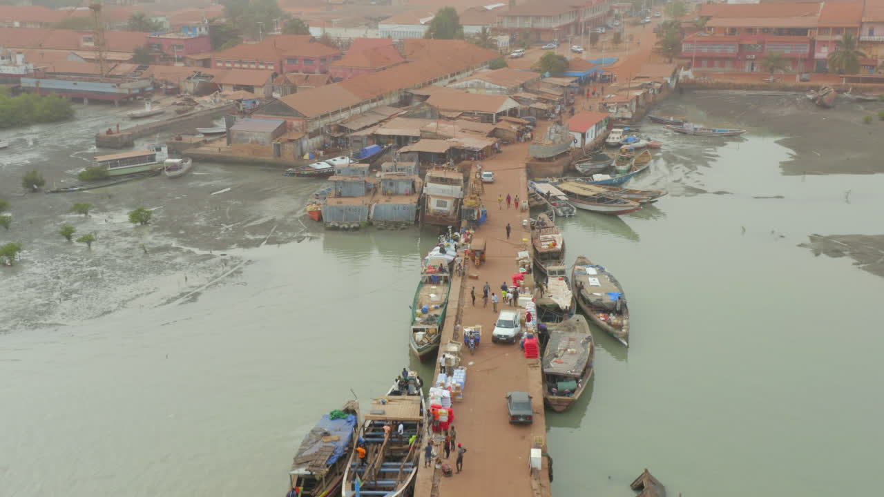 Aerial View of Busy Port and Waterfront Market in Bissau