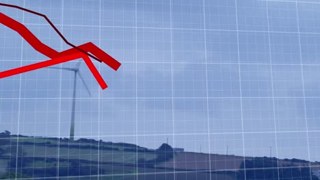 Animation-of-falling-graphs-over-grid-pattern-and-windmill-on-green-lands-against-clear-sky