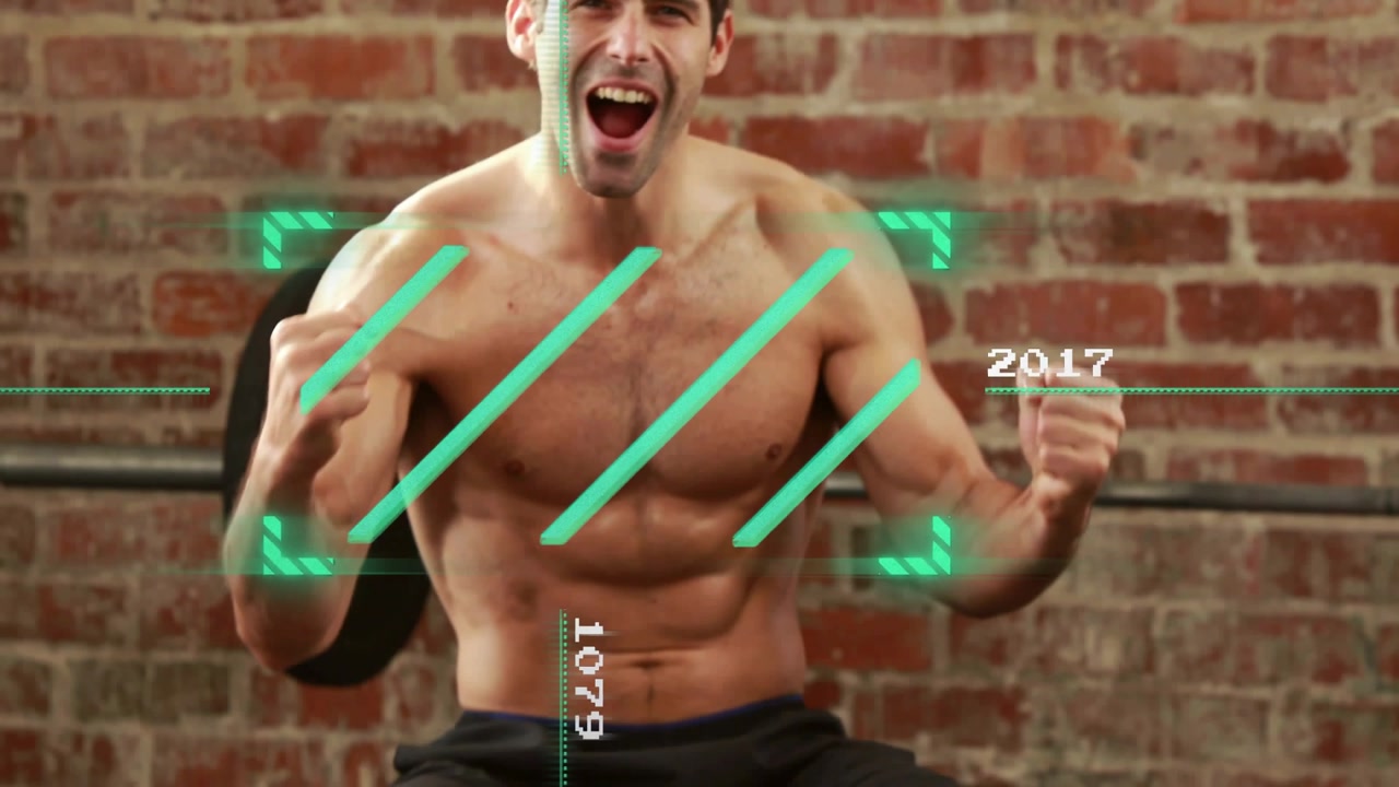 Man performing concentration curls on bench, gripping dumbbell, HUD tracking arm, measuring fitness