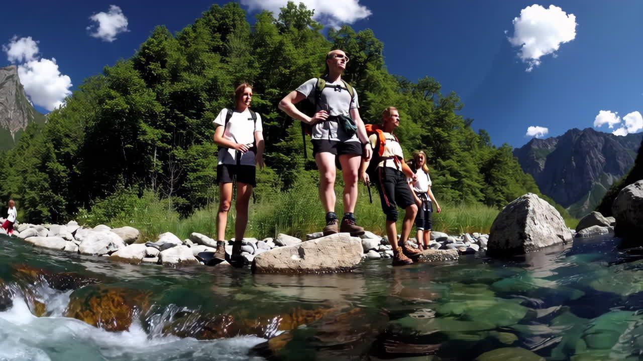 Group Hiking Across a Mountain River