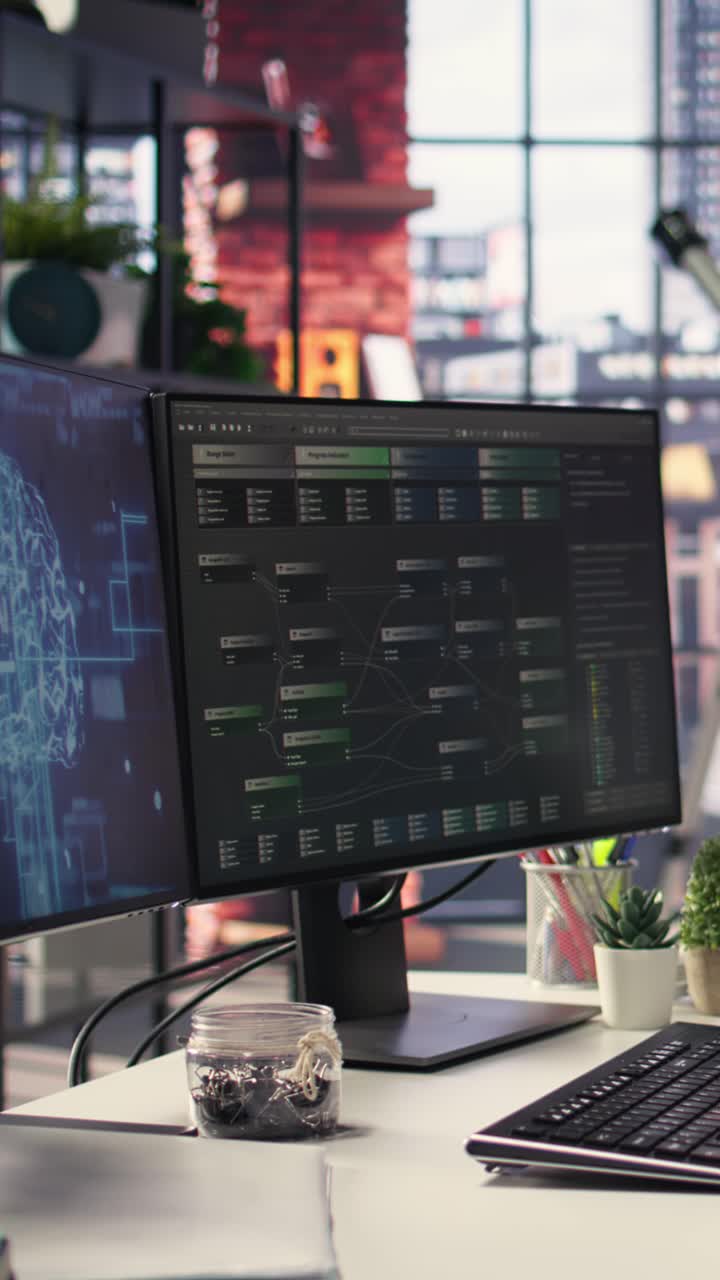 Vertical Video Empty office desk with computer screen showing terminal windows