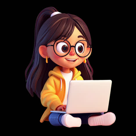 cute cartoon girl laptop animation isolated asset, transparent 4k video, alpha channel, prores 4444