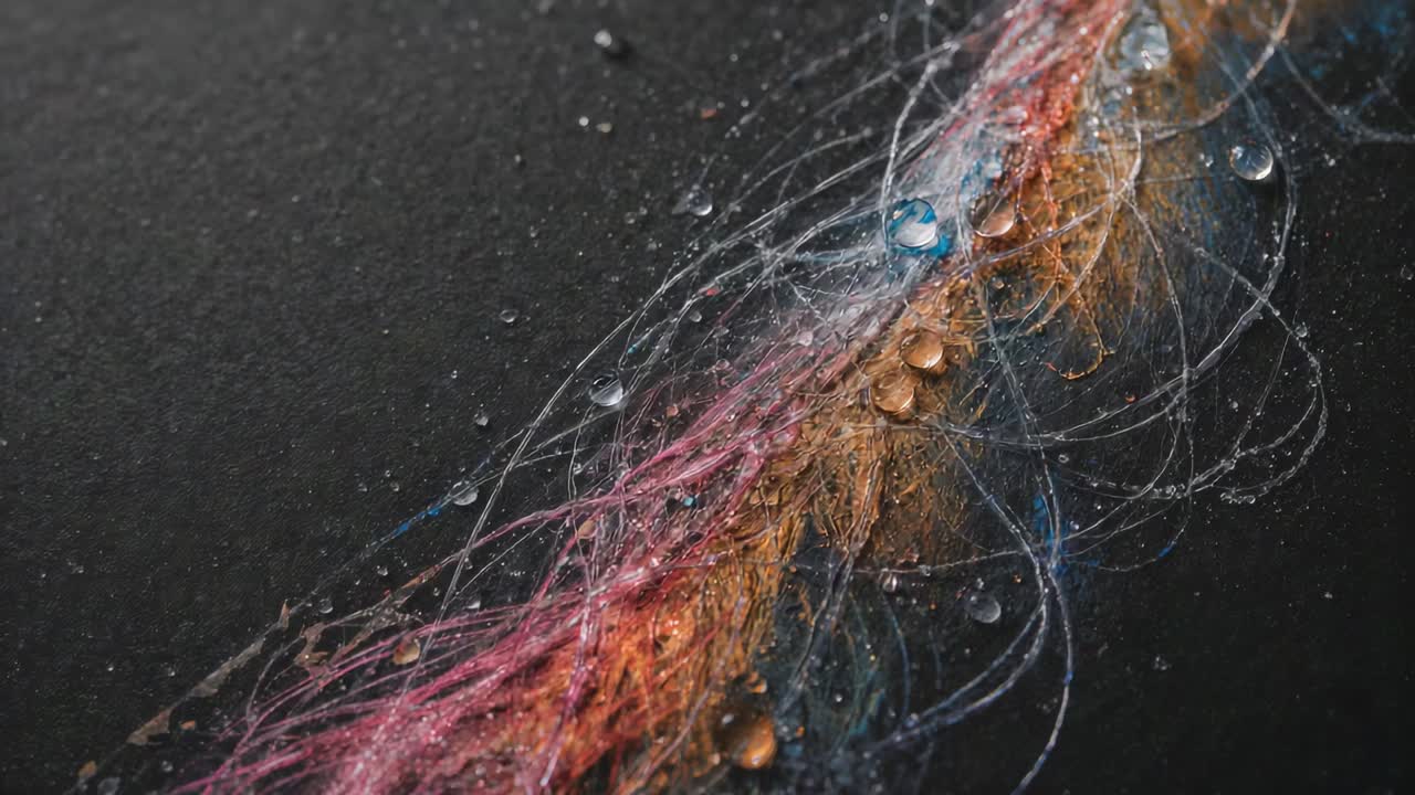 Panning cam moving along colorful braided strand on dark board, revealing droplets and loose fibers