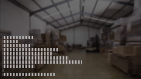 warehouse interior with stacked boxes and data processing animation overlay