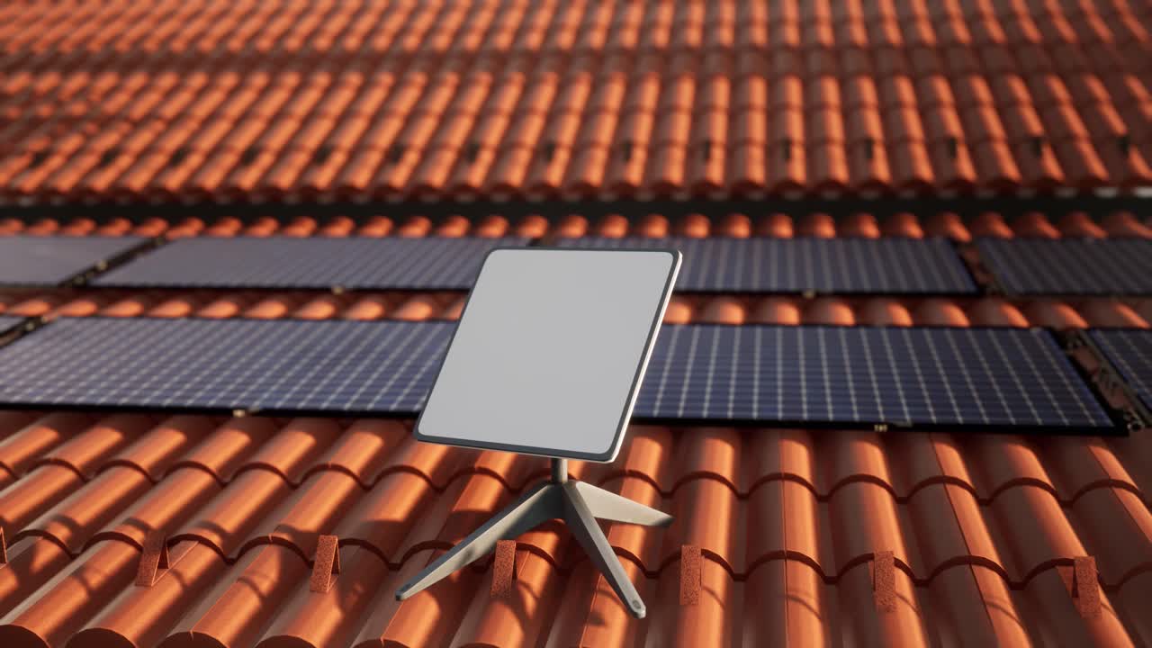 Modern House with Solar Panels and Satellite Internet on Rooftop