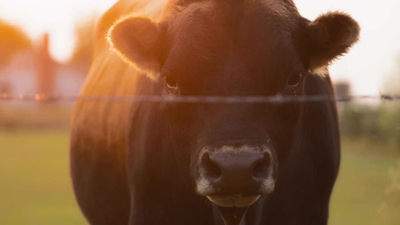 Toro nero dietro la recinzione al tramonto