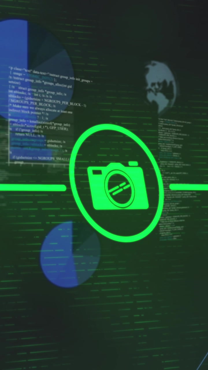 Animation of tech icons over data processing on digital screen