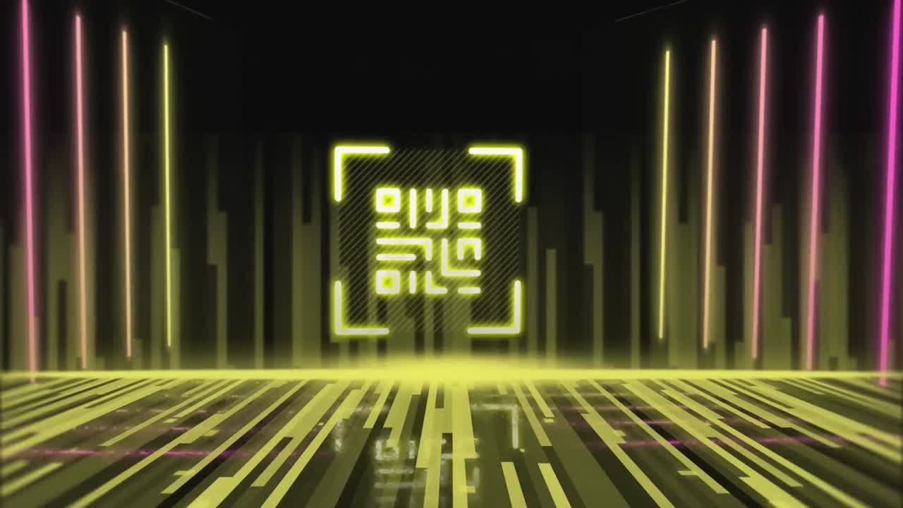 escáner de código qr con elementos de neón contra rastros de luz