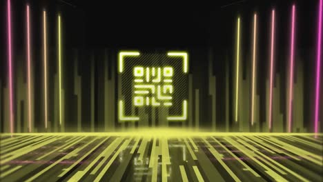 QR code scanner with neon elements against light trails