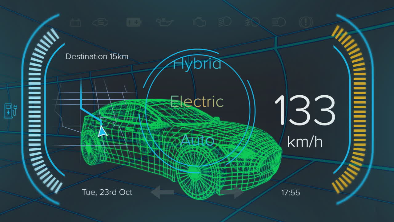Animation showing futuristic car dashboard with electric mode, speed, and destination