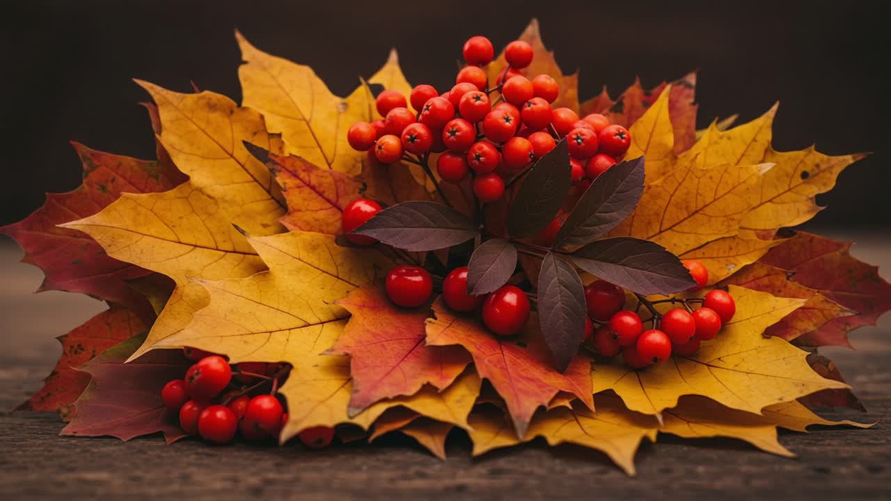 A Lush Arrangement of Autumn Leaves and Bright Berries Beautifully Displayed in Warm Tones, Celebrating the Vibrant Colors of Fall in Nature's Splendor