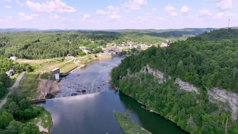 aerial push in to fries virginia over the new river