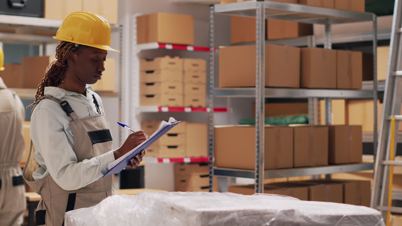 Warehouse workers discuss inventory near shelves with boxes