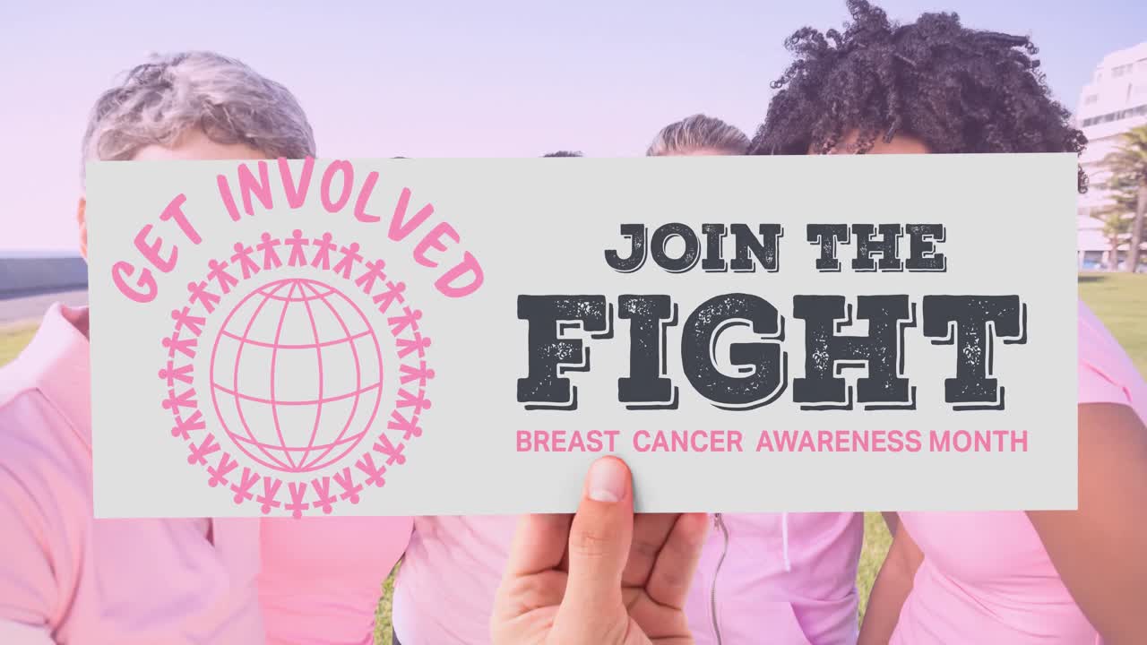 animación del logotipo del globo con texto de cáncer de mama sobre un grupo diverso de mujeres