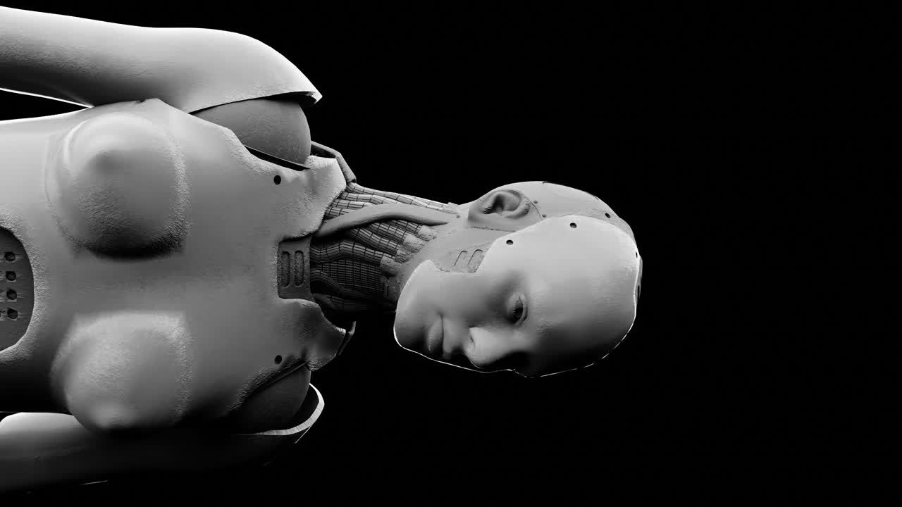 prototipo di robot umanoide verticale cyborg che gira la faccia e la testa di lato su uno sfondo nero