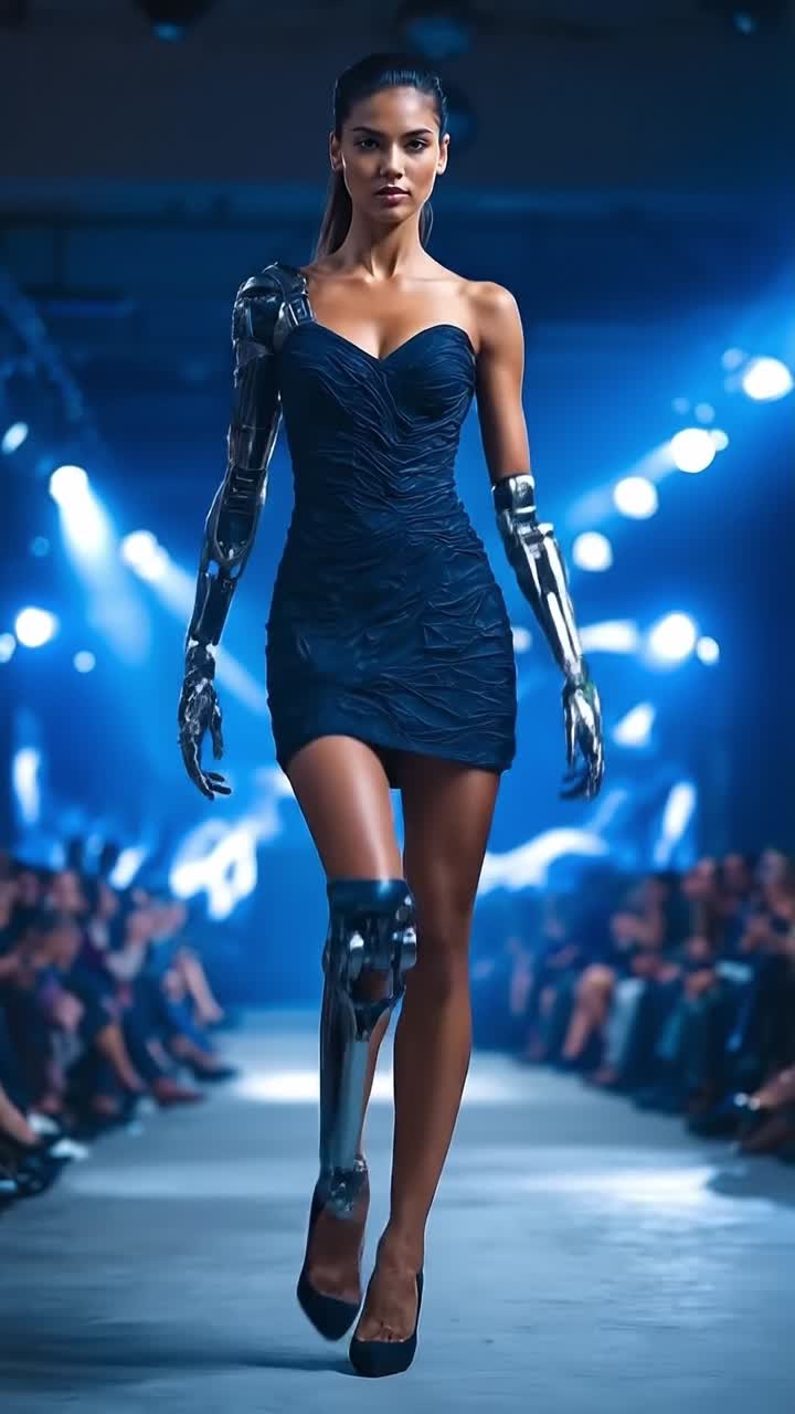 Elegante cyborg femminile in abito scuro che cammina sul palco a una presentazione di tecnologia
