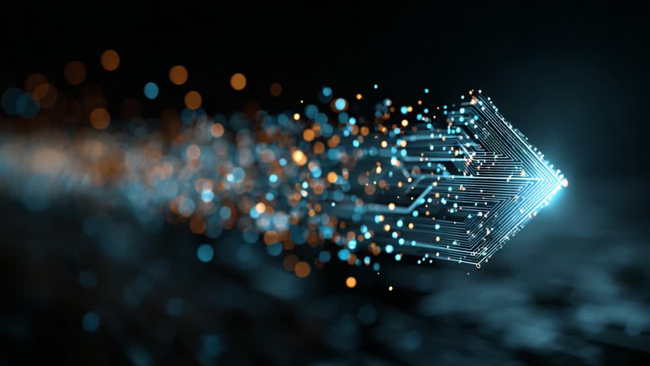 Dynamic Movement of Abstract Digital Arrow Illuminated by Sparkling Particles in a Futuristic Landscape Representing Innovation and Technological Advancement