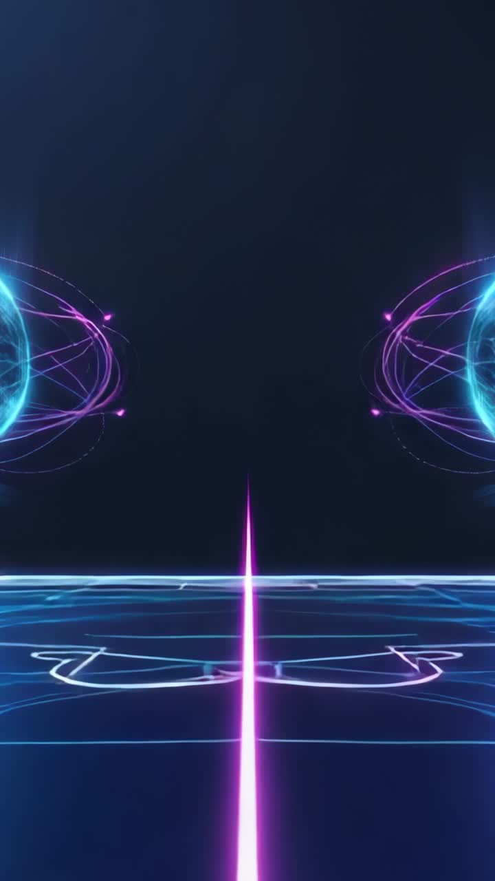Video verticale: avvio dell'interfaccia neon con raggio innalzante e sfere orbitanti su griglia, alimentazione del sistema