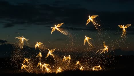 a magical night: a dazzling display of ethereal light creatures dancing in the twilight sky, sprinkling sparks and creating an enchanting atmosphere