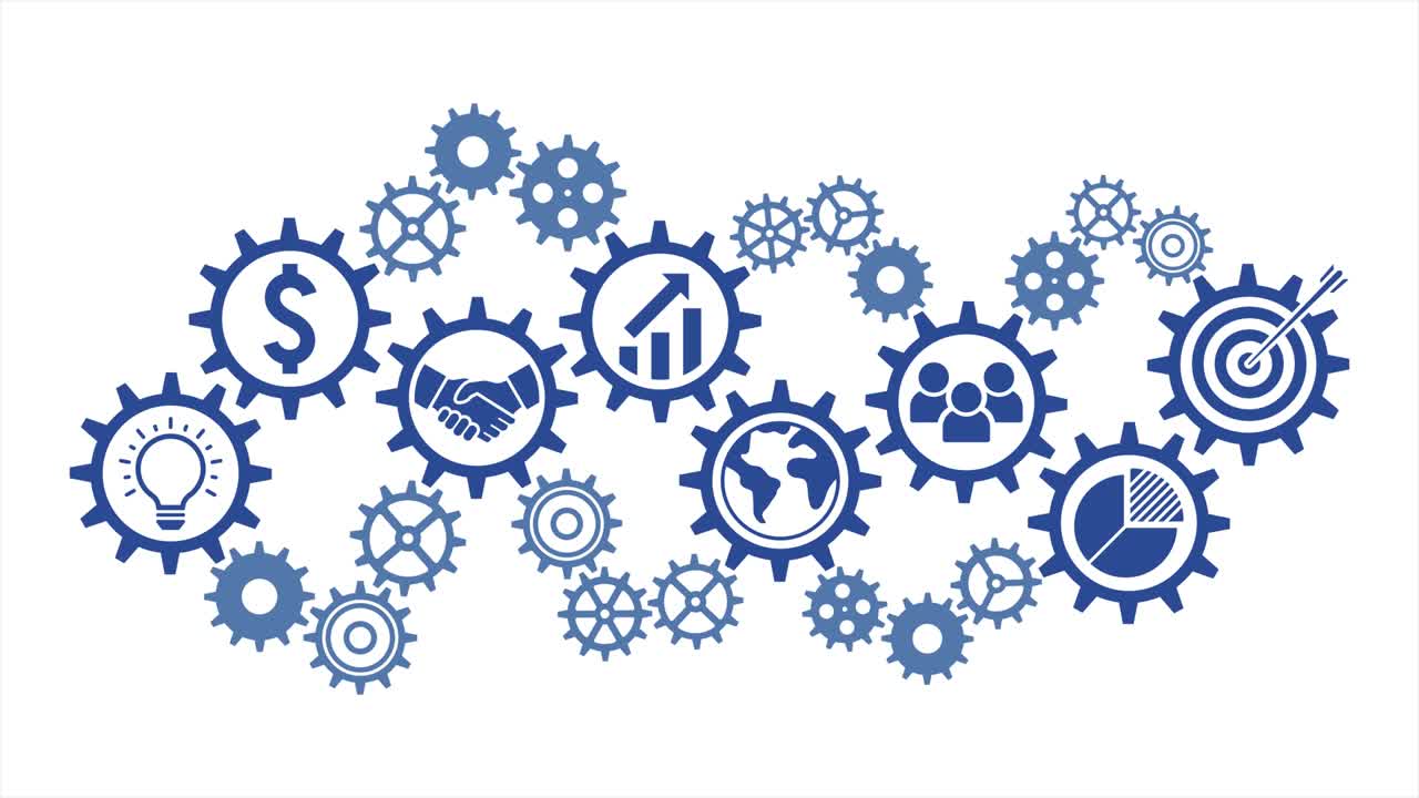 비즈니스 아이콘, 모션 그래픽, 기어 메커니즘, 스핀 기어