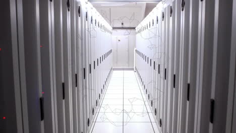 geometric shapes animation over corridor of server racks in data center