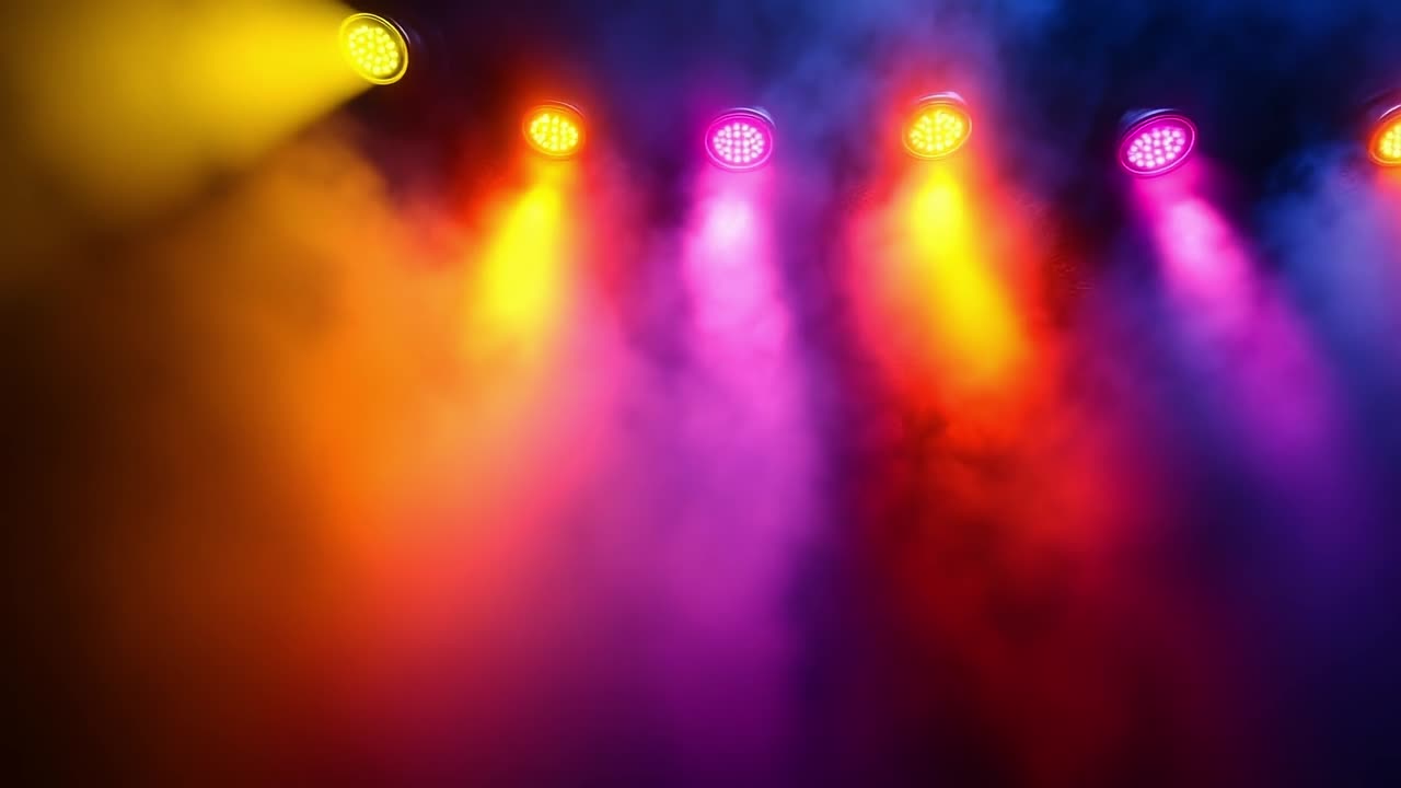 Vibrant atmosphere from lights. Bright stage lights in shades of purple, yellow, and orange illuminate a smoky setting during a nighttime performance.
