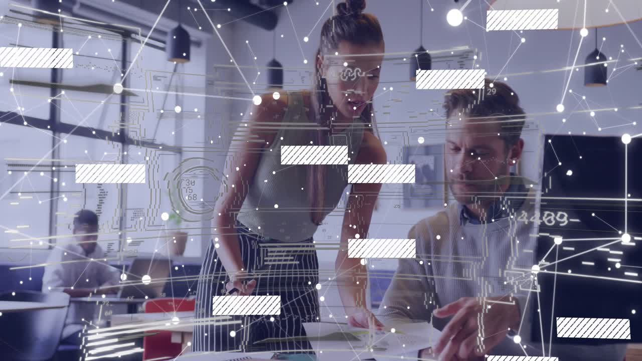 Business woman entering with papers highlighting section as data overlay guiding man marking sheet