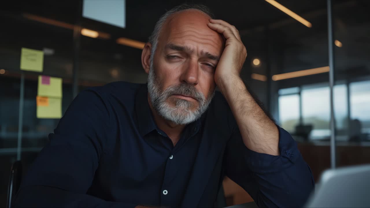 Middle-aged man looking contemplative at desk