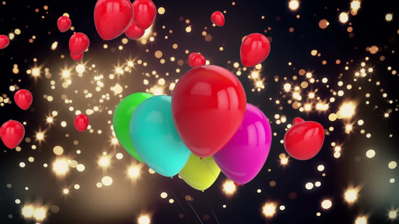 animación de globos coloridos que vuelan sobre luces brillantes
