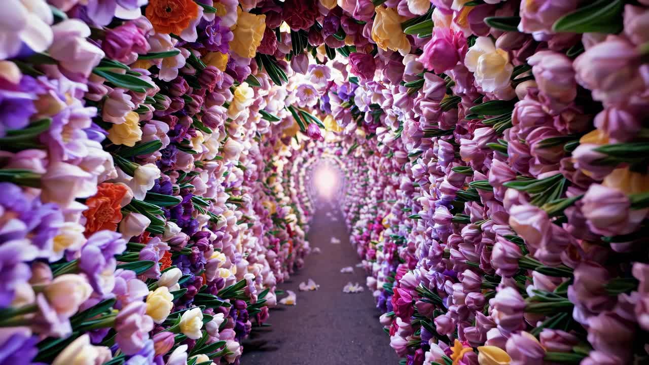 Vibrant floral tunnel with colorful tulips in shades of yellow, purple, and pink, creating a mesmerizing pathway leading to a bright light at the end, showcasing nature's beauty