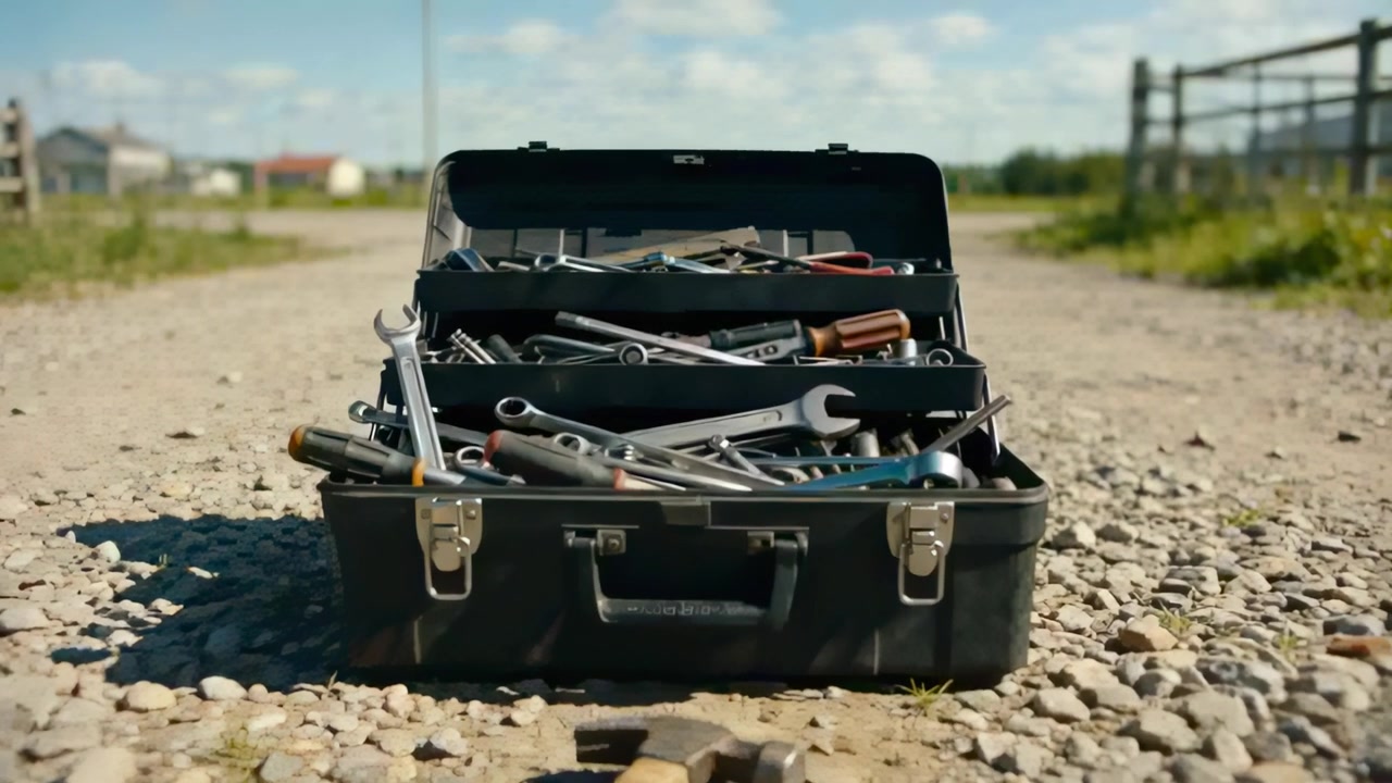 Moving camera slowly approaching open black toolbox on rural gravel road, revealing wrenches
