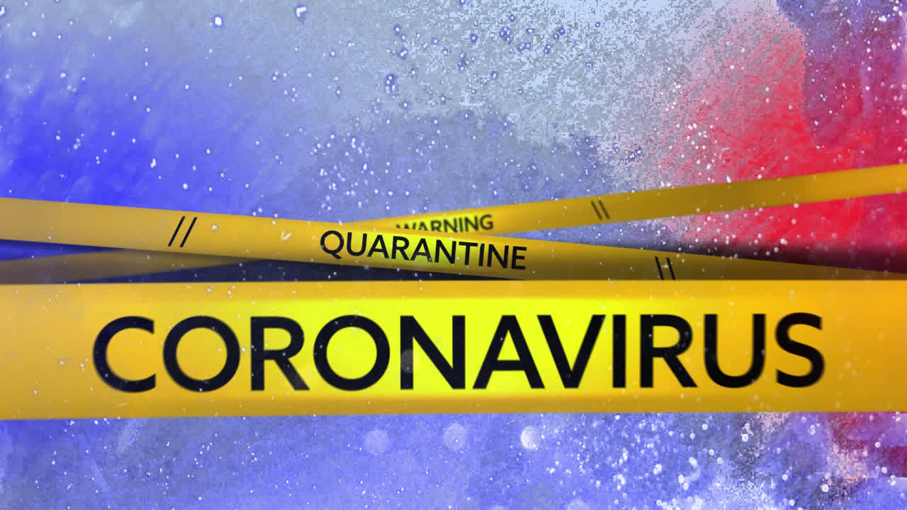 코로나19와 경고 단어가 노란색과 검은색 테이프에 배경으로 쓰여져 있습니다.