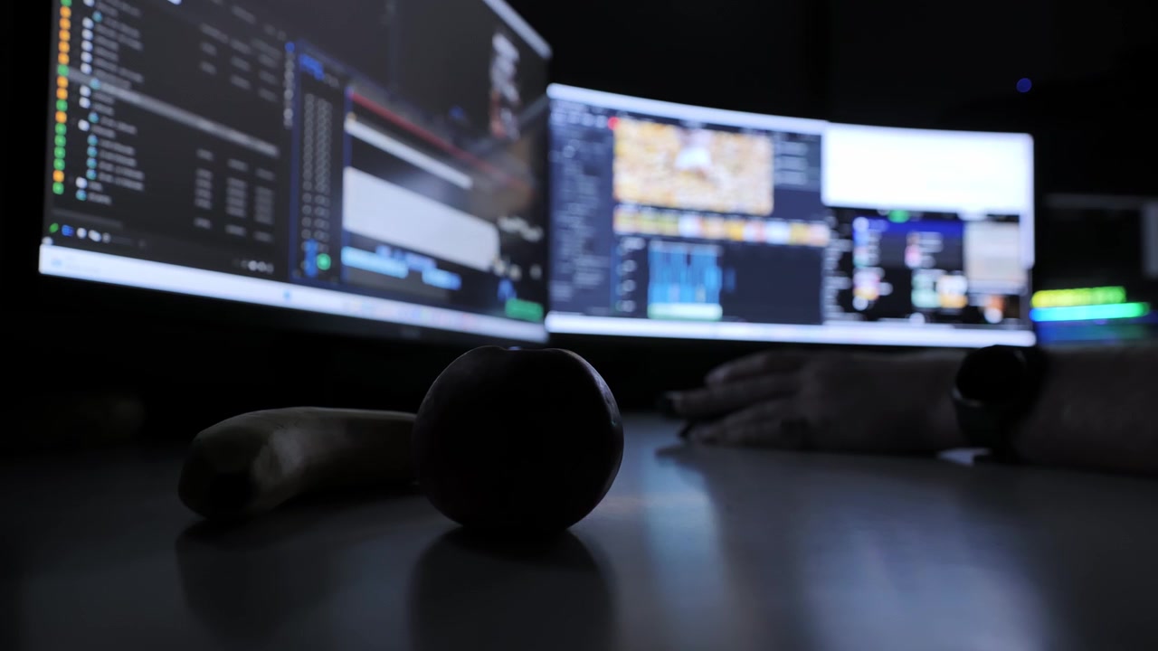 Spazio di lavoro creativo per l'editing con snack sulla scrivania, la luce soffusa crea un'atmosfera concentrata