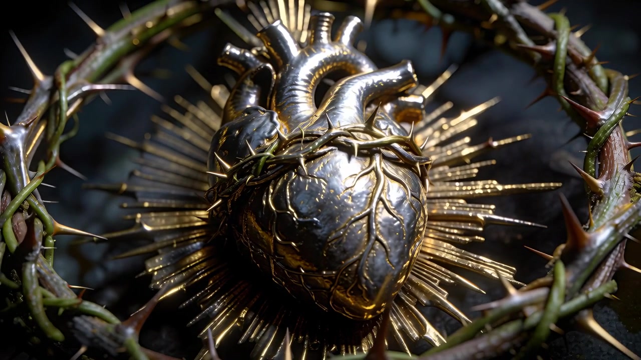 Telecamera che si allontana rivelando un ornamento a forma di cuore d'oro avvolto in una corona di spine in studio, mettendo in mostra un'aureola.