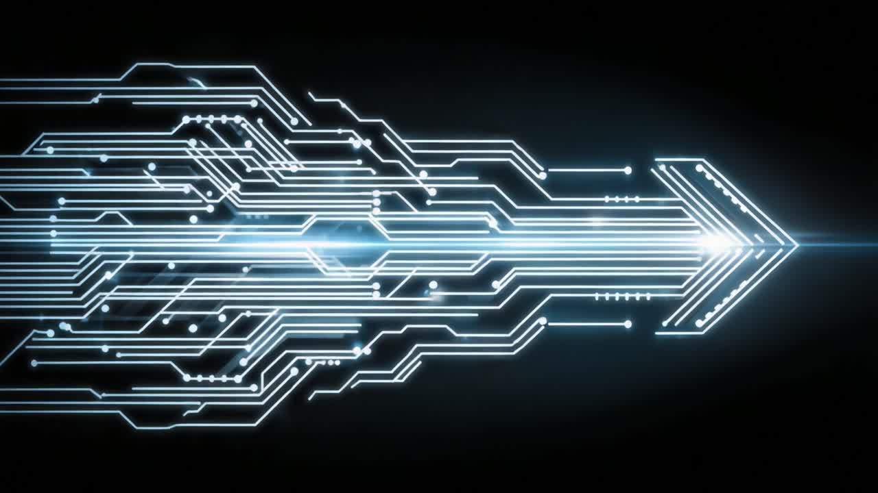 Dynamic Digital Circuitry: A Captivating Journey Through Futuristic Technology and High-Speed Data Transmission Represented in Glowing Lines and Arrows