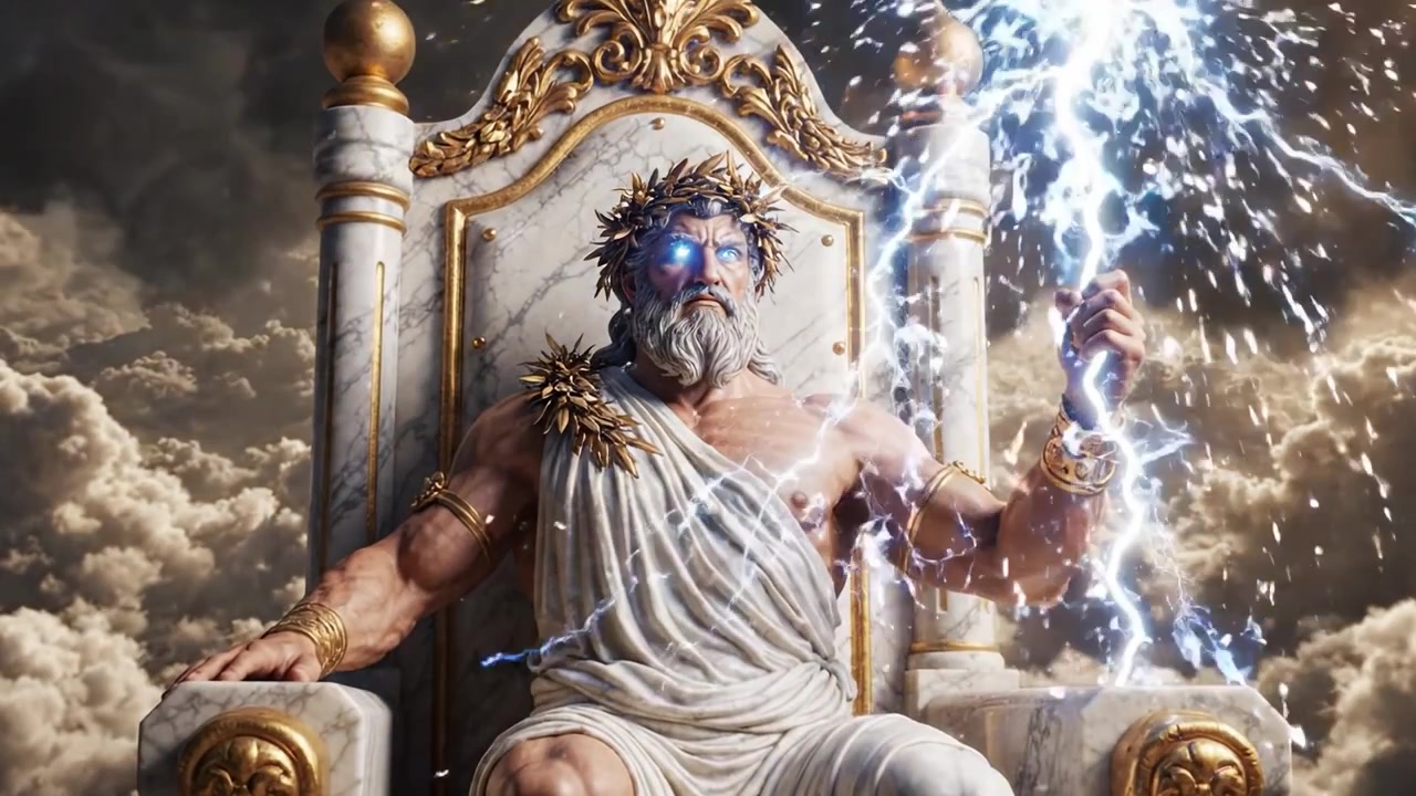 Maestosa Rappresentazione di una Potente Divinità Seduta su un Trono Ornato, Che Comanda i Cieli con Fulmini ed Emana Autorità tra Nuvole Eteree.