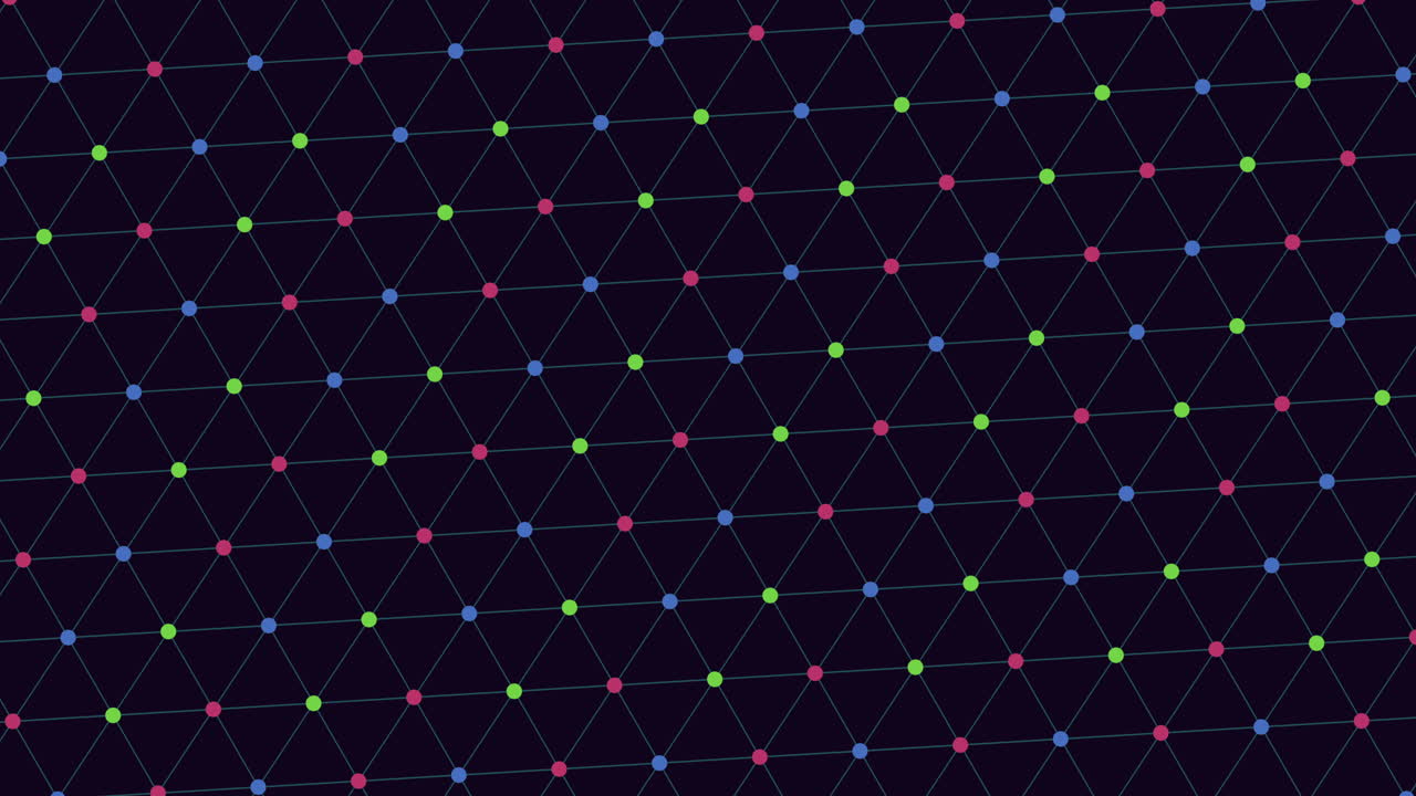 Abstract technology background with glowing colorful nodes connected by thin lines in a geometric grid pattern, representing data, communication, AI, and digital networks