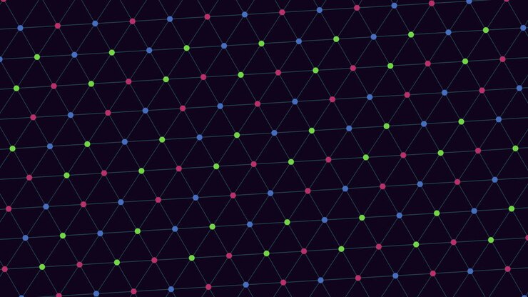 Abstract technology background with glowing colorful nodes connected by thin lines in a geometric grid pattern, representing data, communication, AI, and digital networks