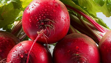 freshly harvested red radishes with green leaves on display