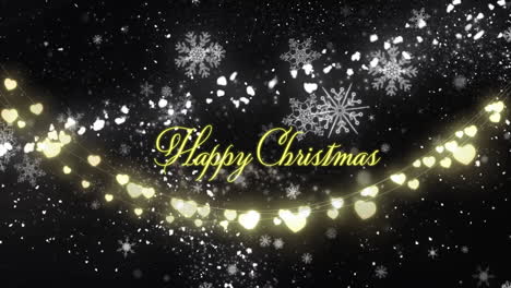 Happy Christmas text animation over glowing hearts and snowflakes on dark background