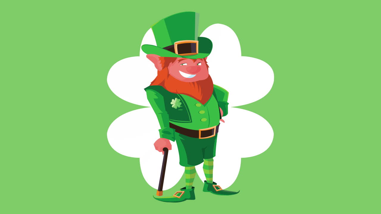 feliz día de san patricio animación con personaje duende en hoja de trébol